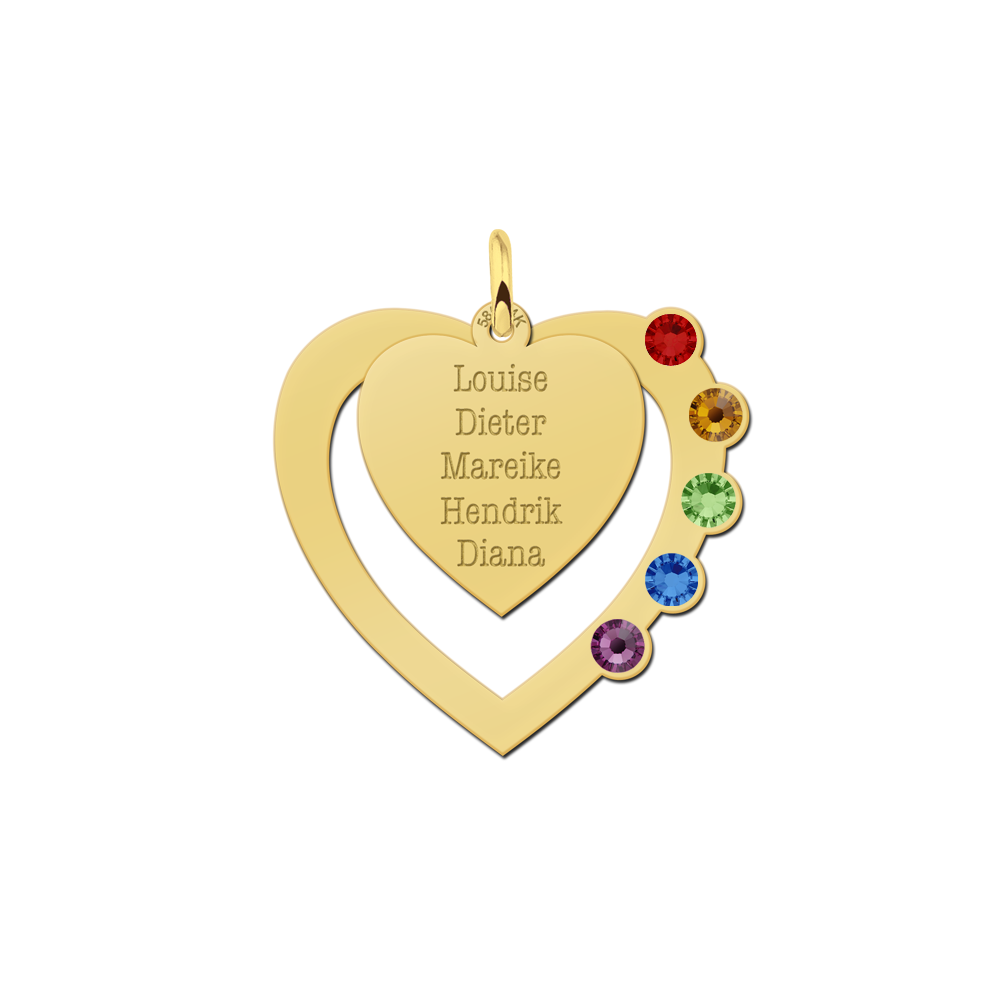 Gouden familie hanger met hart, namen en geboortestenen