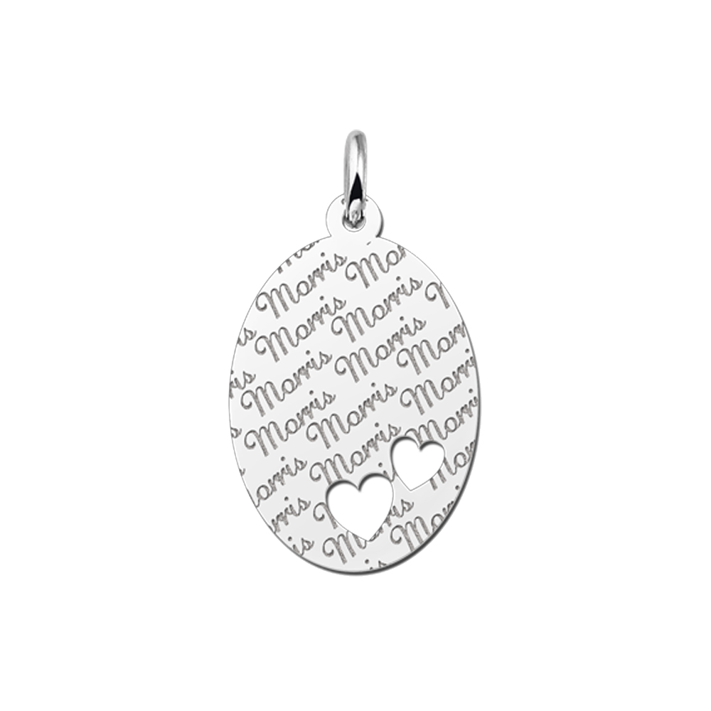 Zilveren ovale hanger naampatroon & twee hartjes