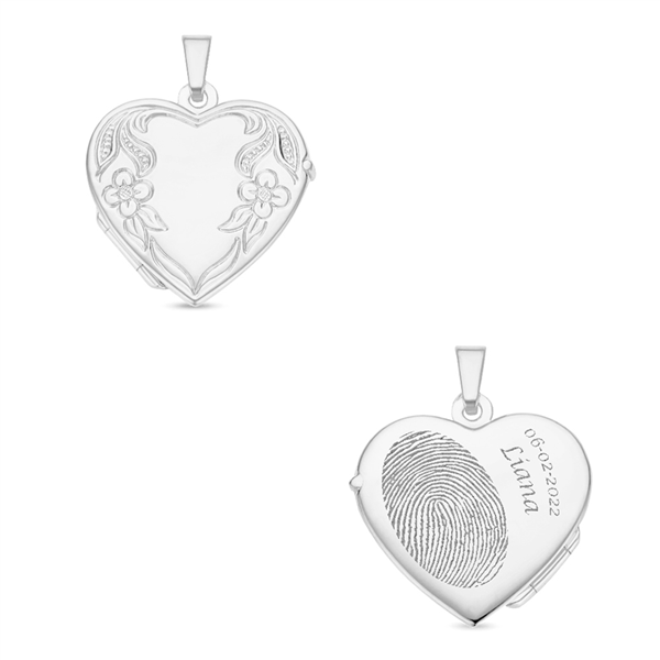 Zilveren Medaillon hart met bloemen en gravure