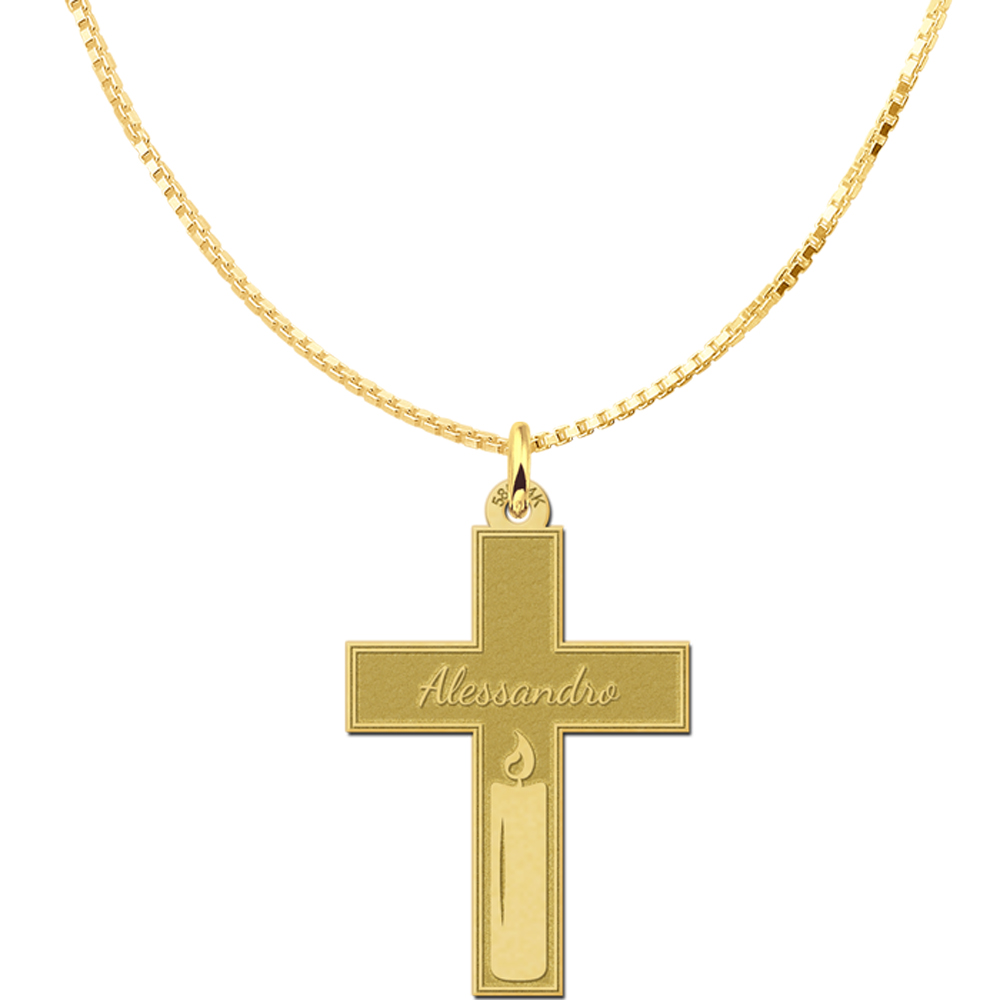 Gouden communie kruis met gravure en kaars
