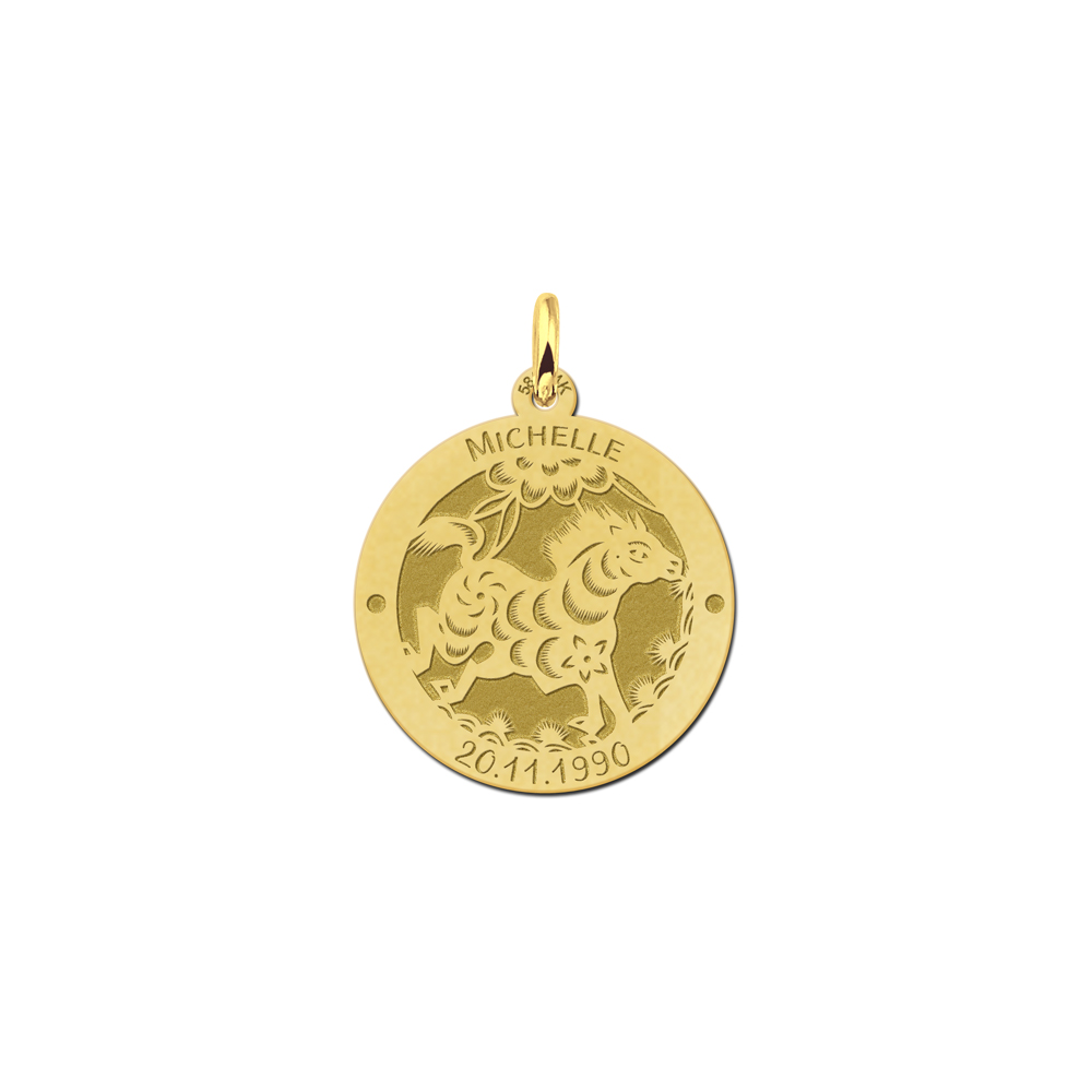 Gouden ronde hanger chinese sterrenbeeld Paard