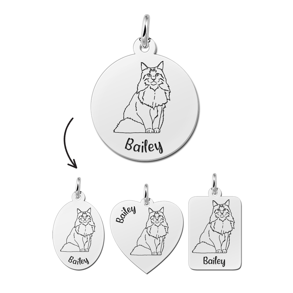 Personaliseerde hanger kat Noorse boskat zilver