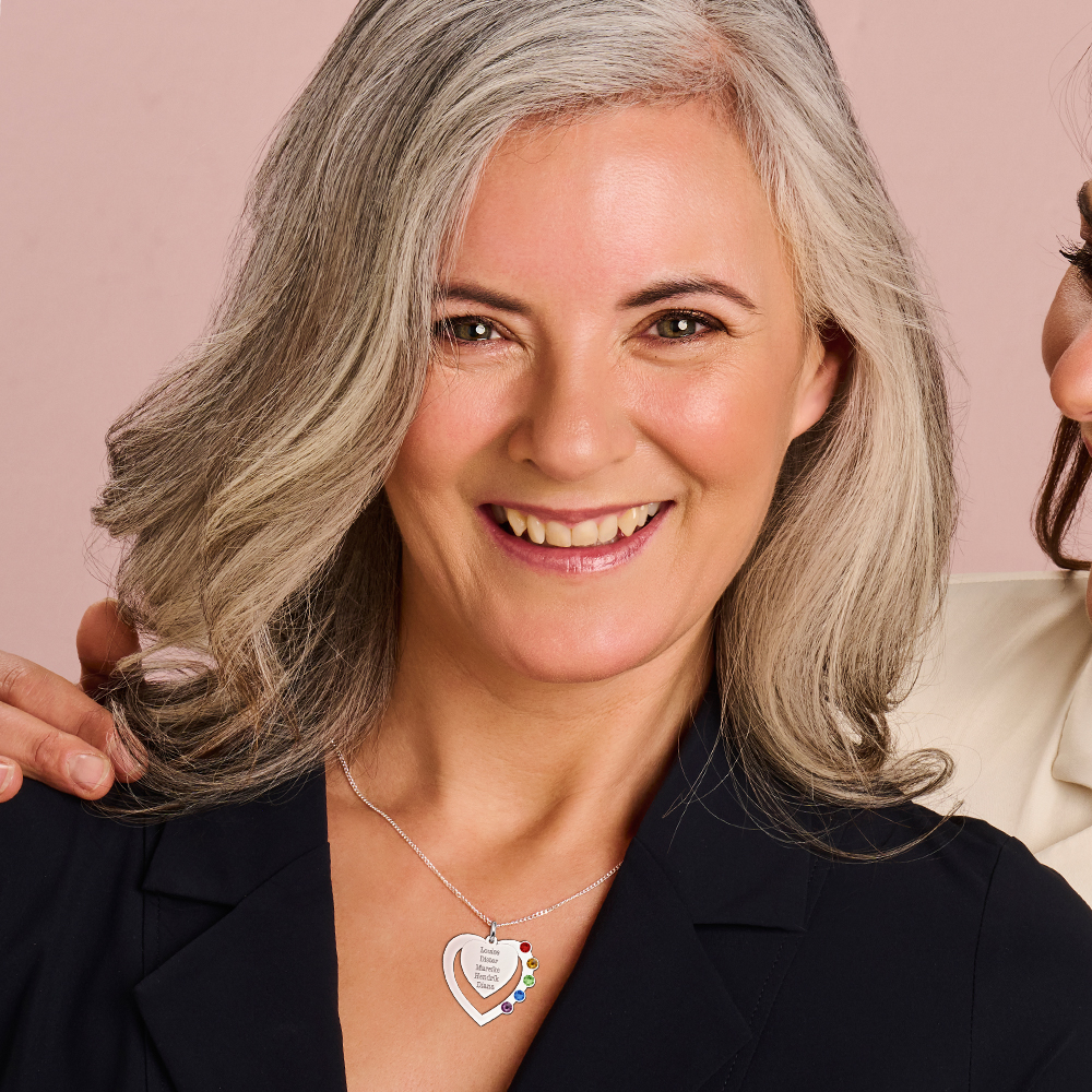 Zilveren familie hanger met hart, namen en geboortestenen