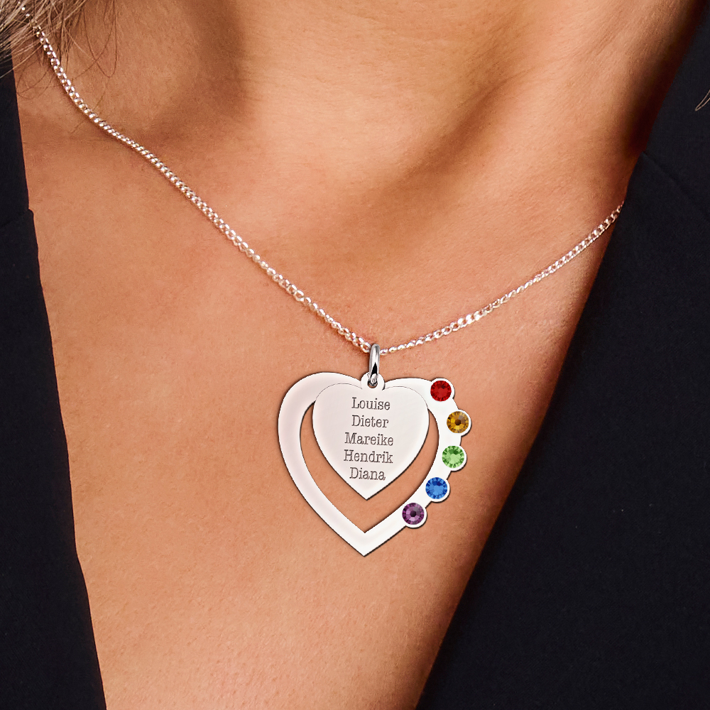 Zilveren familie hanger met hart, namen en geboortestenen