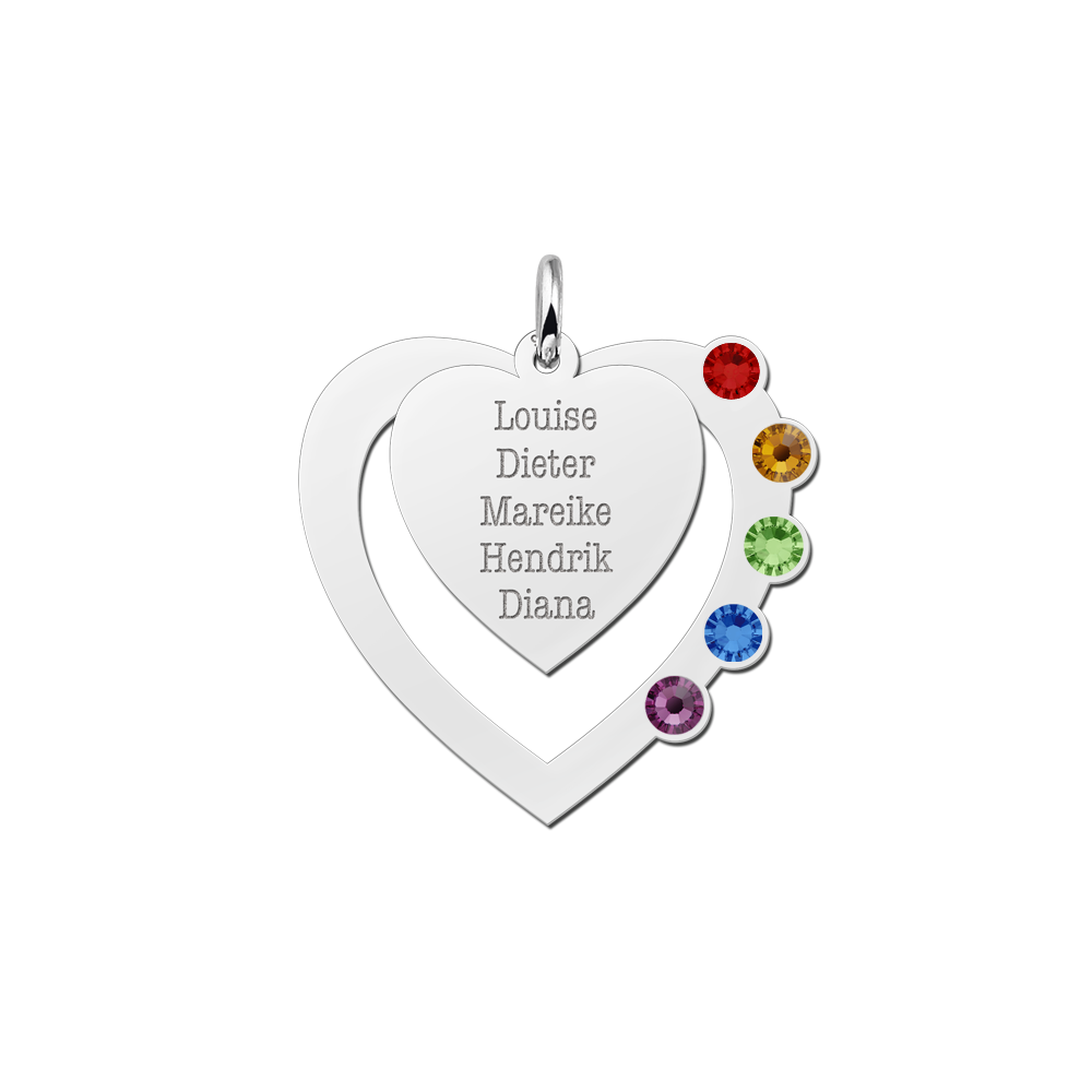 Zilveren familie hanger met hart, namen en geboortestenen