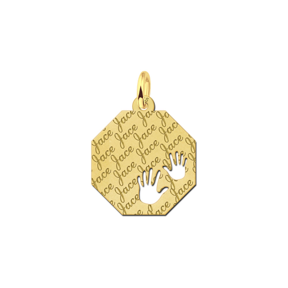 Gehoekte vergulde hanger met naampatroon en handjes