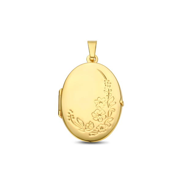 Gouden Medaillon ovaaltje met bloemen en gravure