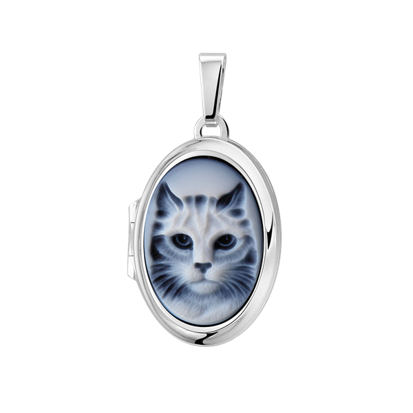 Zilveren medaillon ovaal met blauwe camee "kat"