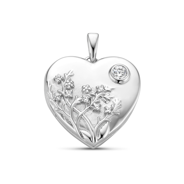Zilveren Medaillon in hartvorm en bloemen versiering