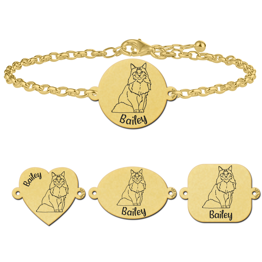 Personaliseerd armband kat Noorse boskat goud