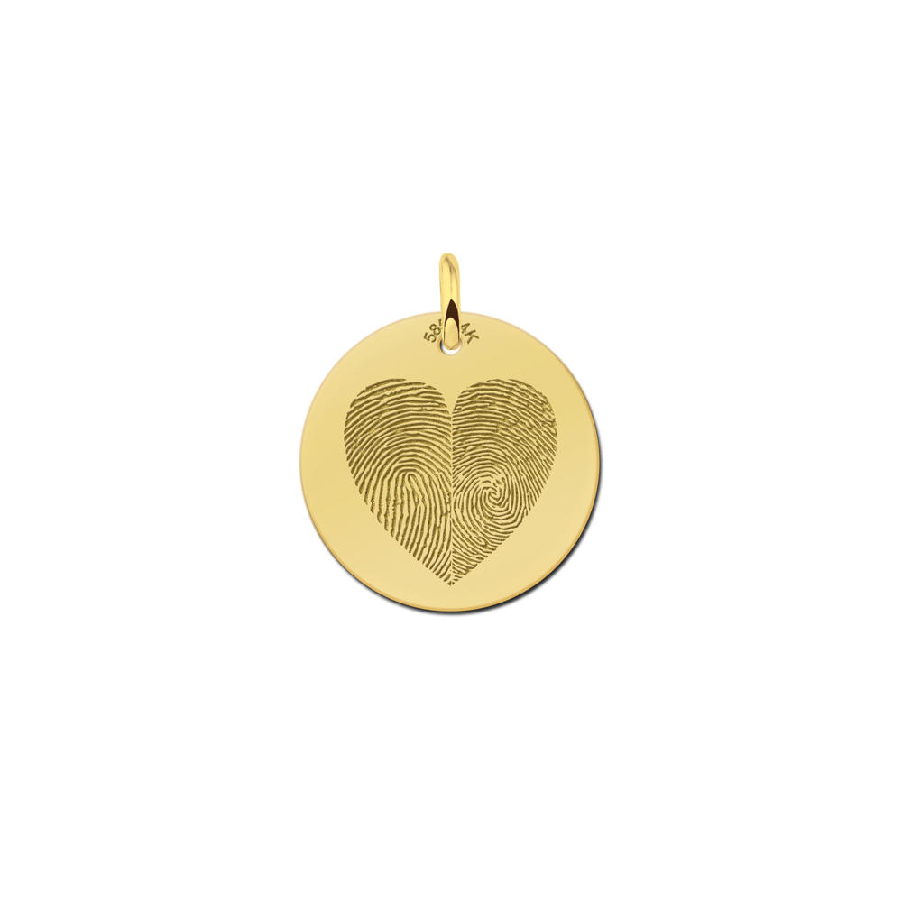 Ronden gouden hanger met twee vingerafdruk in hartvorm