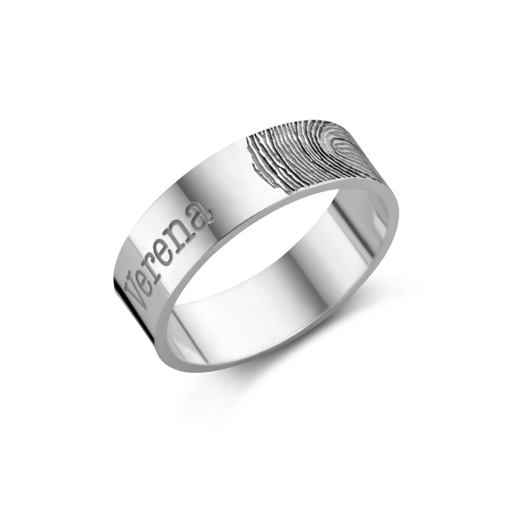 Zilveren ring met vingerafdruk en naam - 6 mm vlak