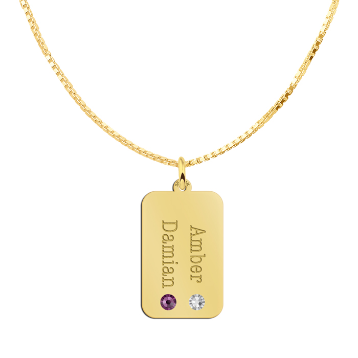 Gouden rechthoekige hanger met twee namen en geboortestenen