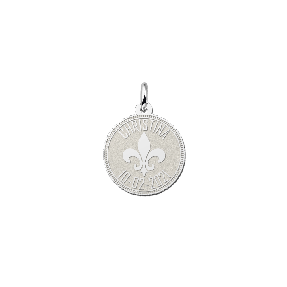 Zilveren munt ketting met fleur de lille en gravure