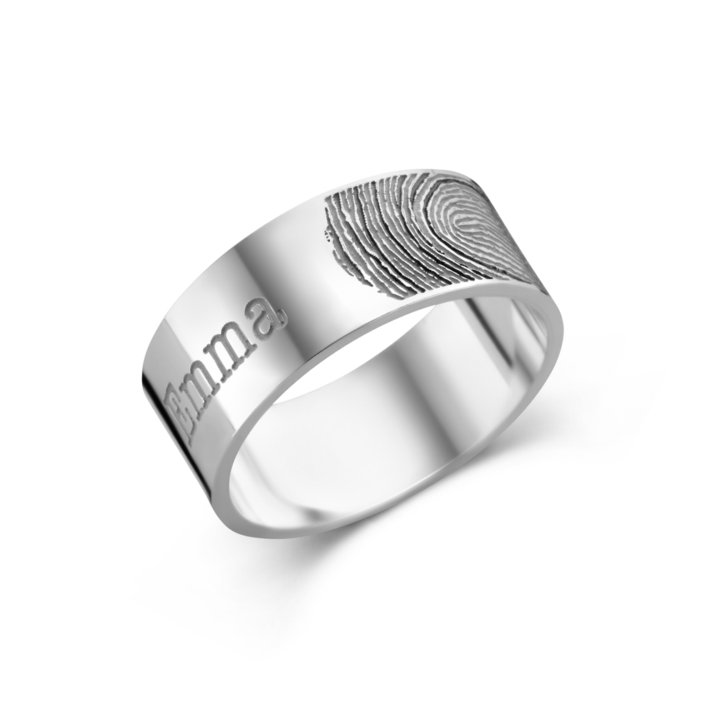 Zilveren ring met vingerafdruk en naam - 8 mm vlak