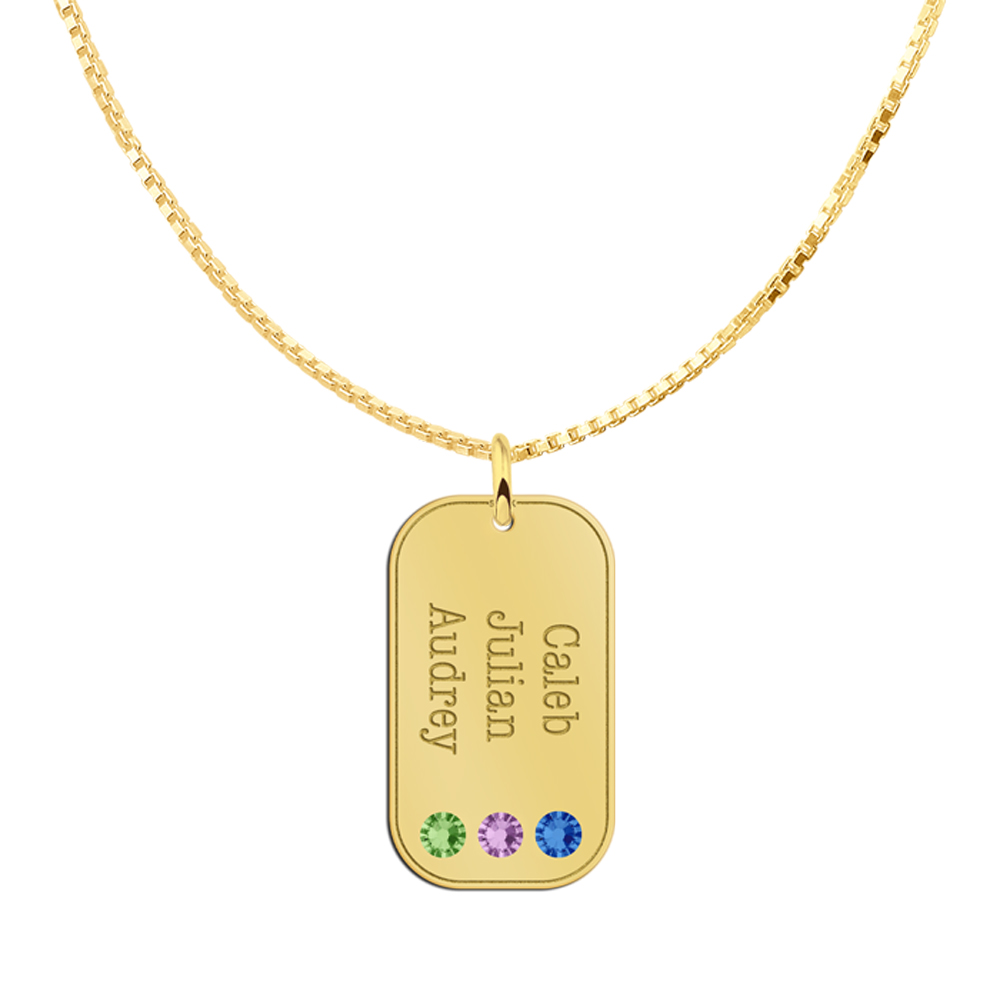 Gouden hanger met drie namen en geboortestenen van zirkonia