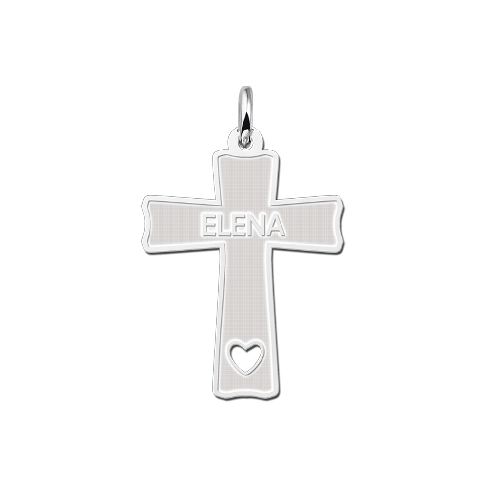 Zilveren communie kruis met gravure en uitgesneden hart