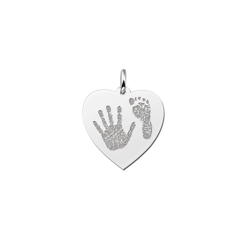 Zilveren hart hanger met hand- of voetafdruk