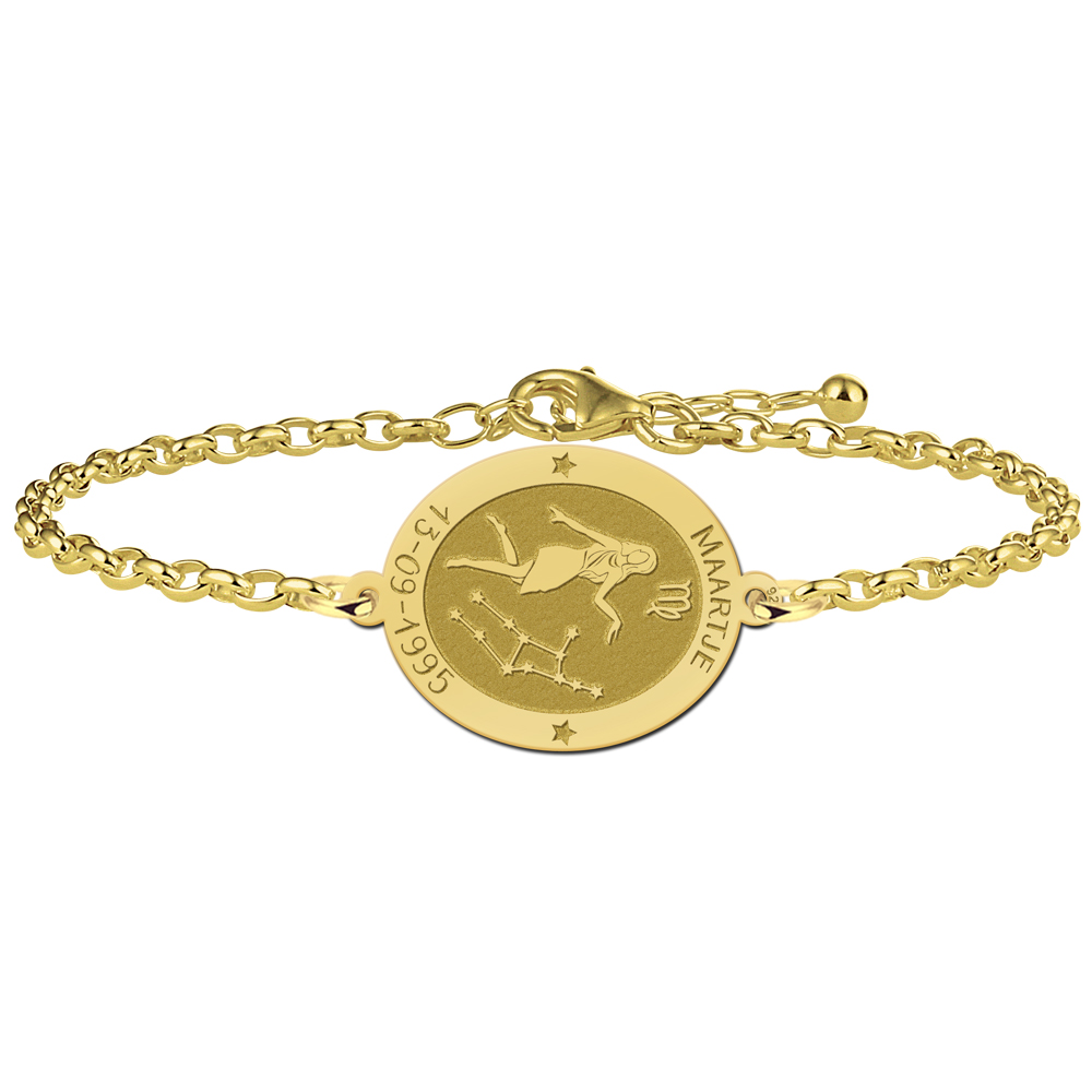 Vergulde ovale sterrenbeeld armband Maagd met naam en datum