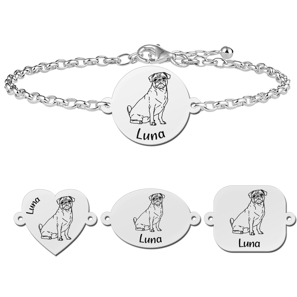 Zilveren portret honden armband Mopshond