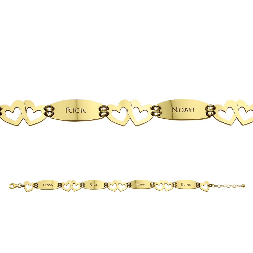 Gouden armband hartjes met vier namen