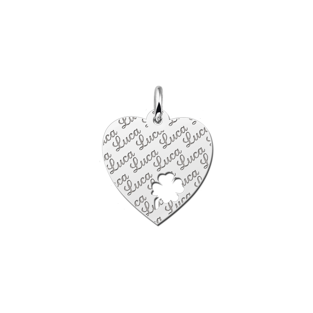 Zilvern plaatje hart naamgravure met klaver4