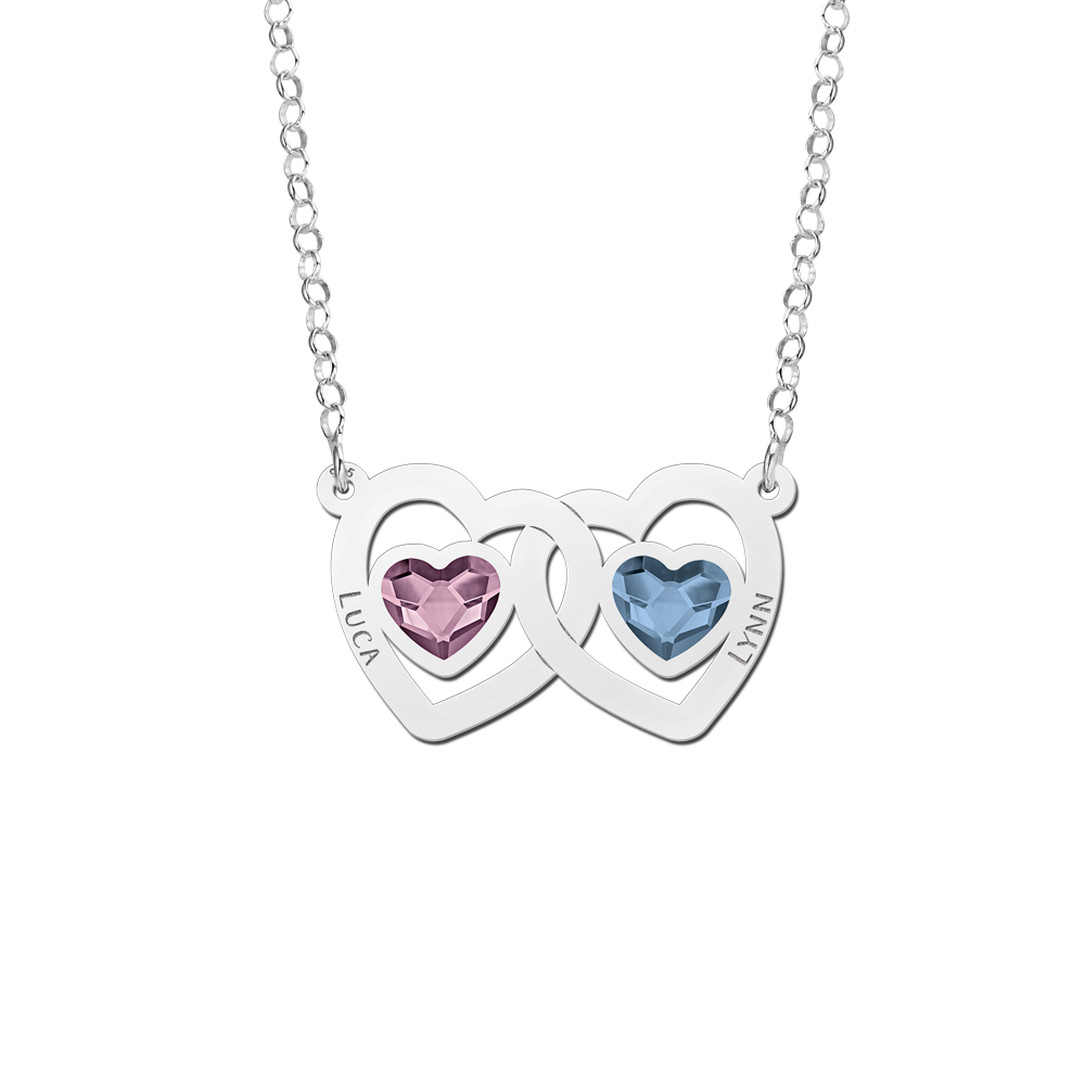 Zilveren familie ketting met twee hartjes, namen en geboortestenen