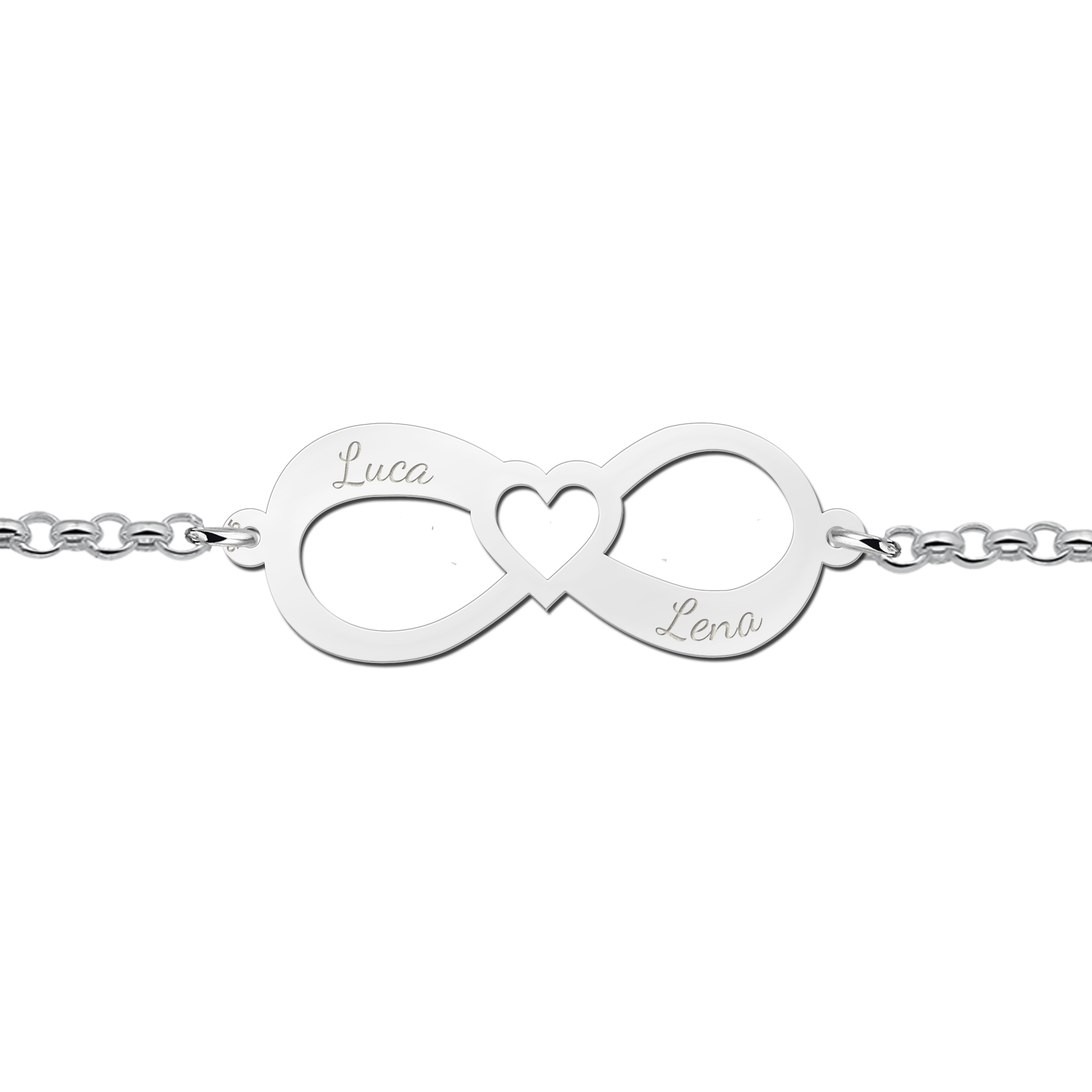 Zilveren infinity armband met twee namen en een hart