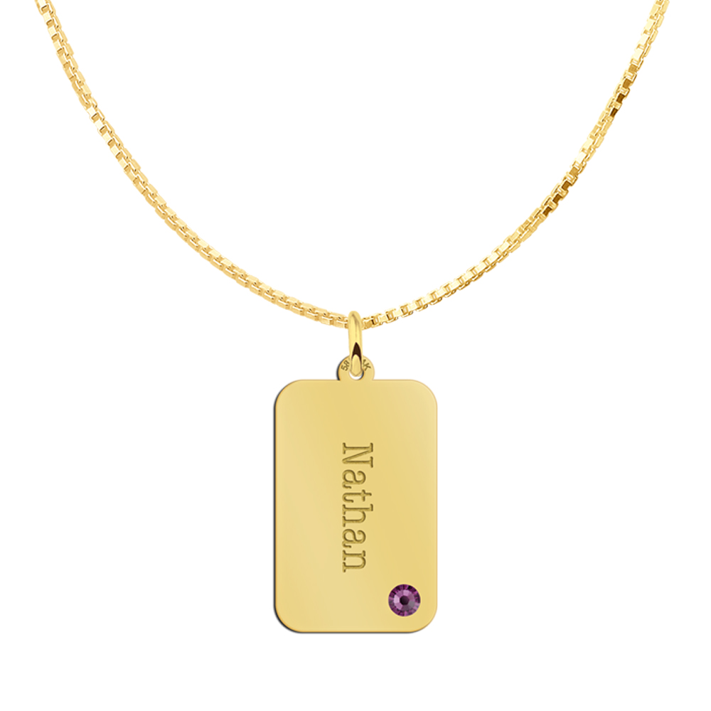 Gouden rechthoekige hanger met naamgravure en geboortesteen