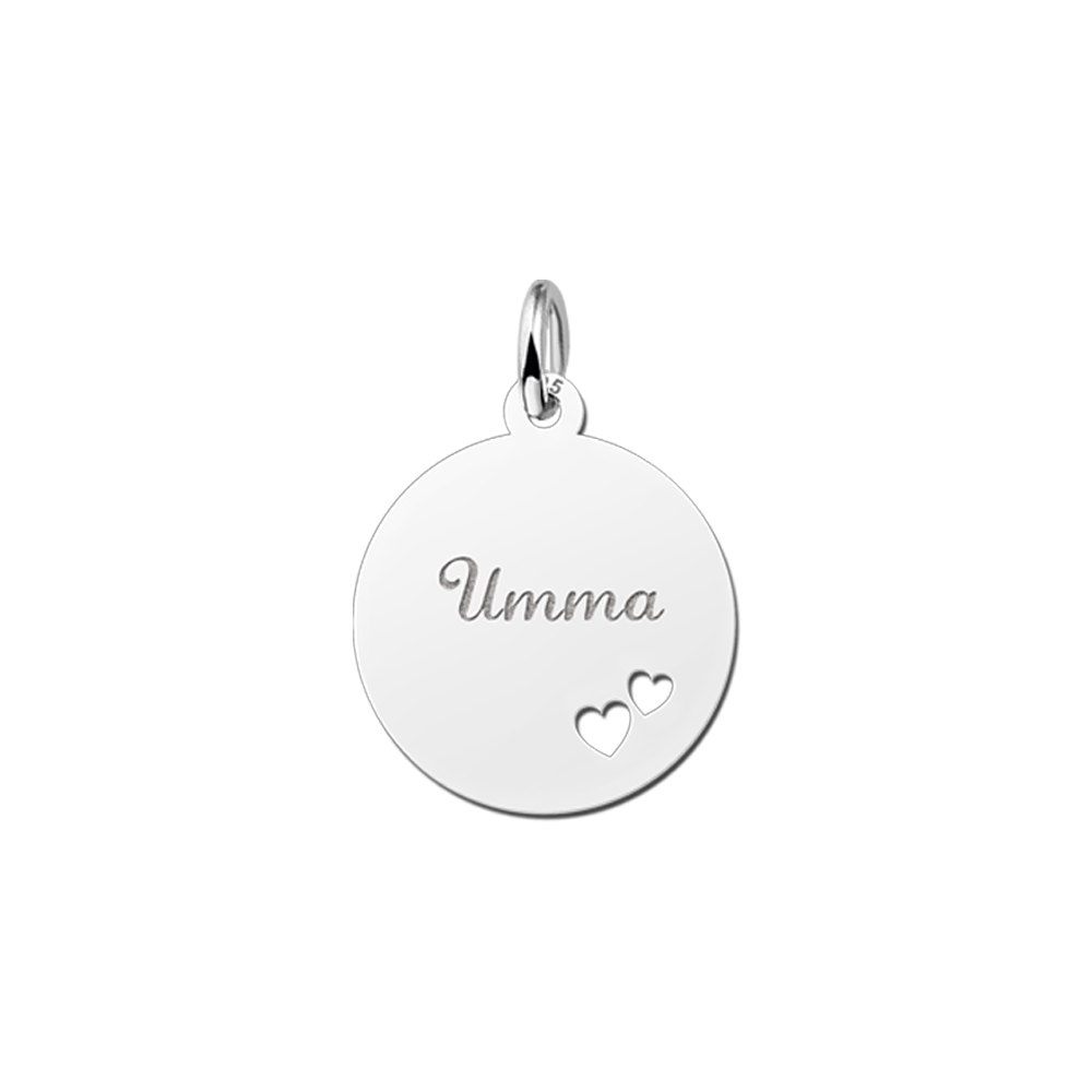 Zilveren hanger met naam en twee hartjes