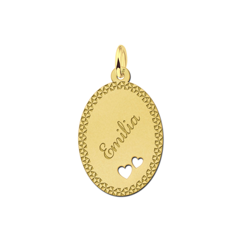 Vergulde ovale hanger met sierrand en twee hartjes