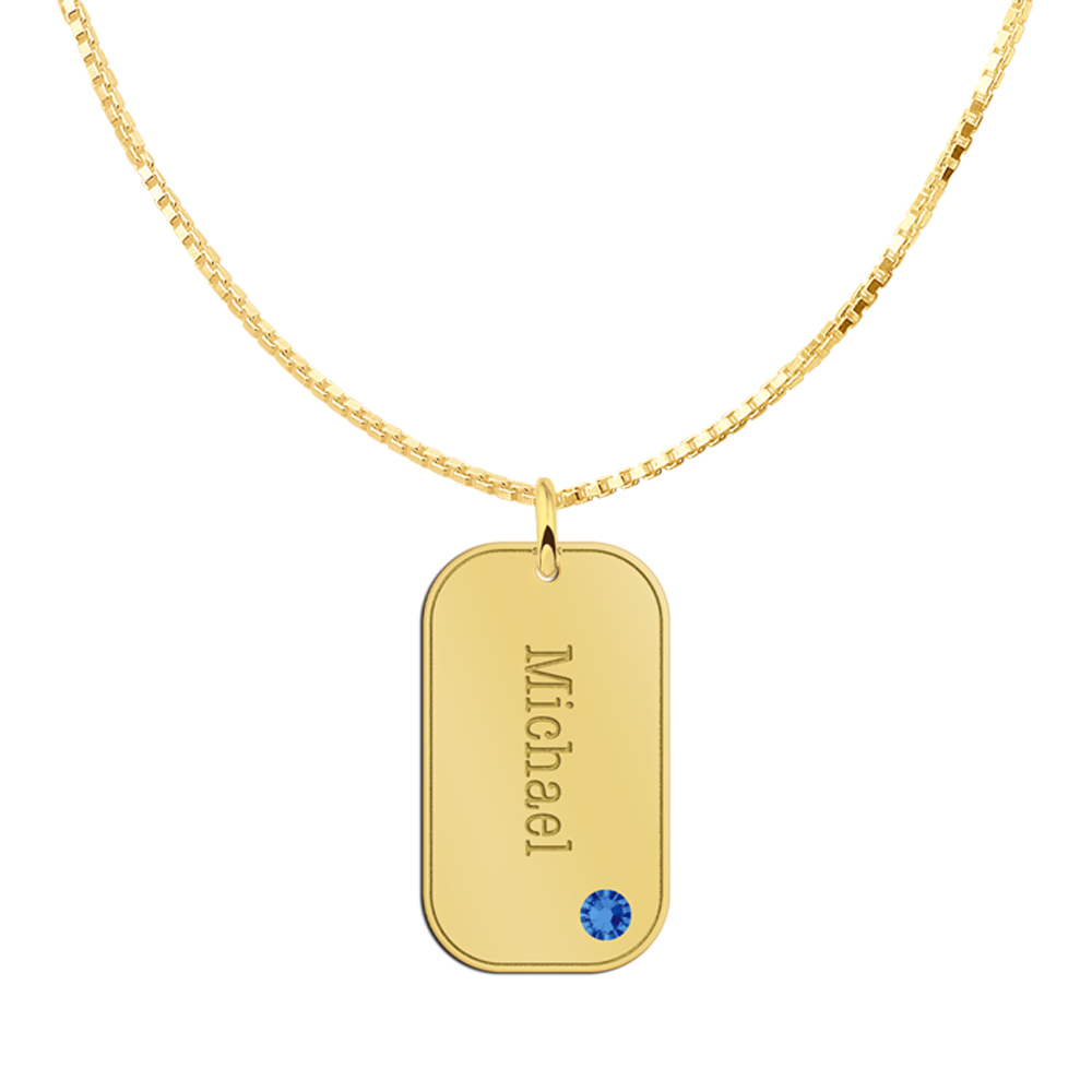 Gouden rechthoekige hanger met naamgravure en geboortesteen