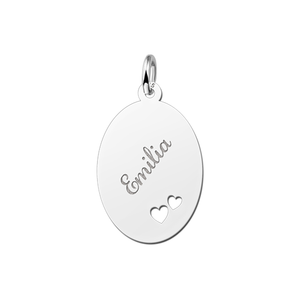 Zilveren ovale hanger met twee hartjes
