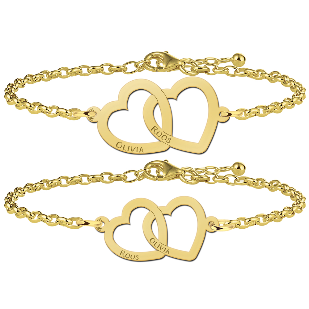 Set gouden moeder-en-dochter-armbanden met hartjes in elkaar