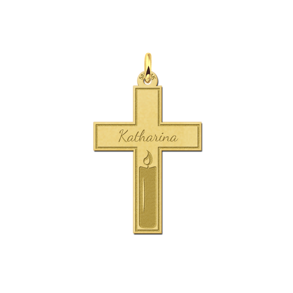 Gouden communie kruis met gravure en uitgesneden kaars