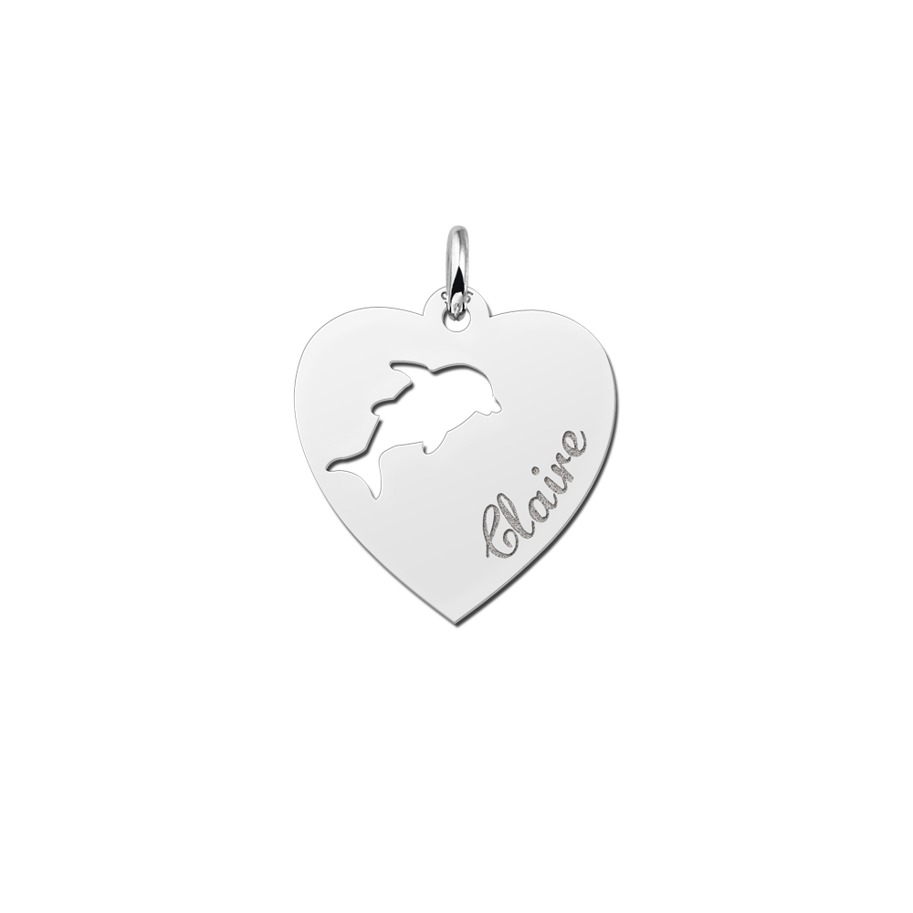 Zilveren hart hanger met dolfijn en naam