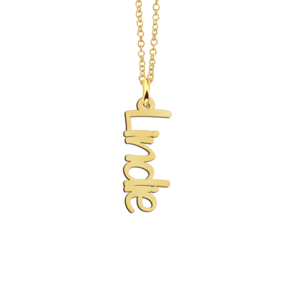Gouden verticale naamketting Lindie in modern lettertype