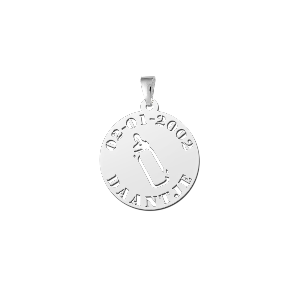 Zilveren Ronde Hanger Babyflesje met Naam en Datum