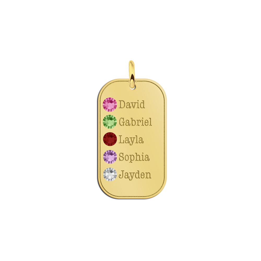 Gouden hanger met vijf namen en geboortestenen van zirkonia