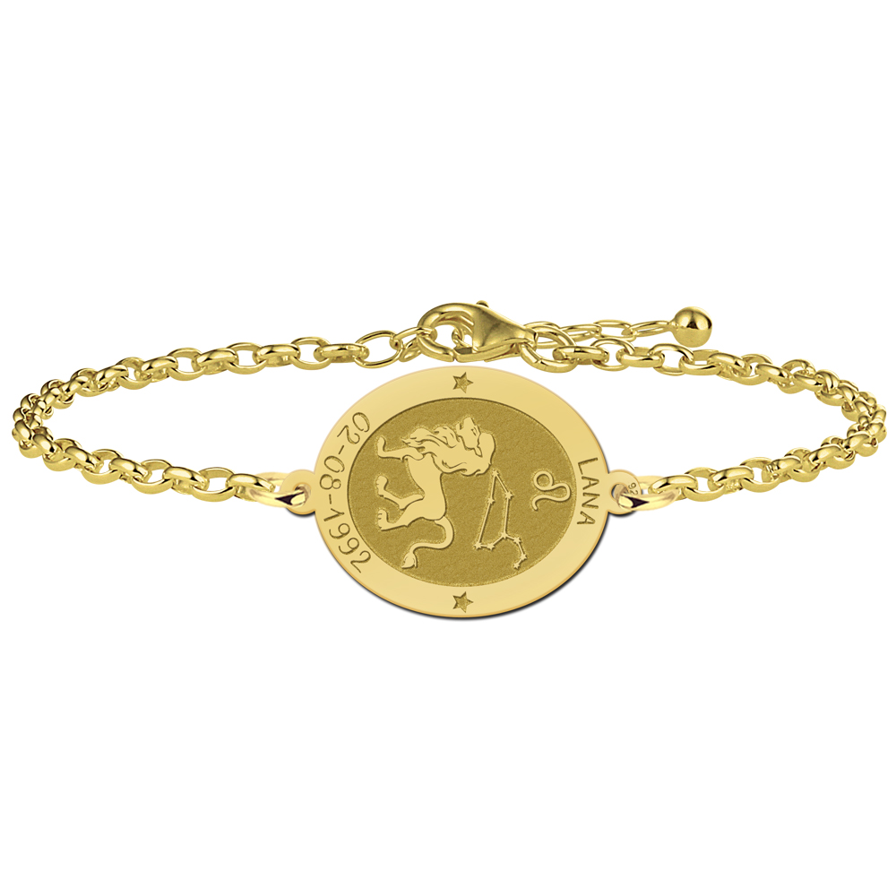 Vergulde ovale sterrenbeeld armband Leeuw met naam en datum