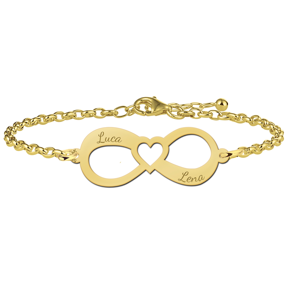 Gouden infinity armband met twee namen en hart