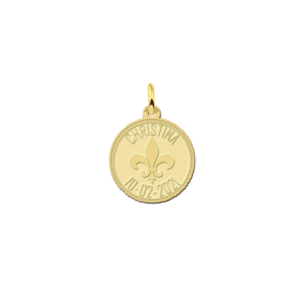 Gouden munt ketting met fleur de lille en gravure