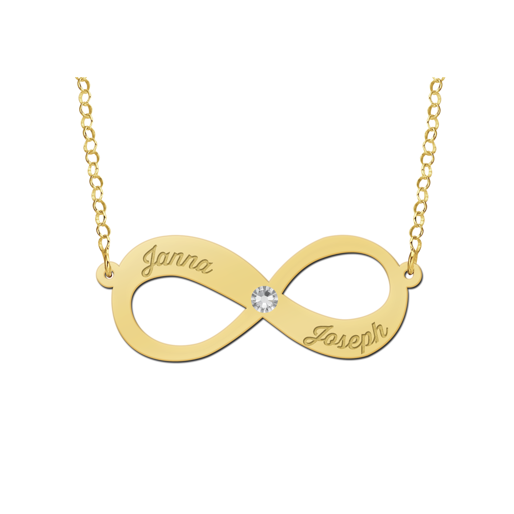 Gouden hanger infinity twee namen zirkonia