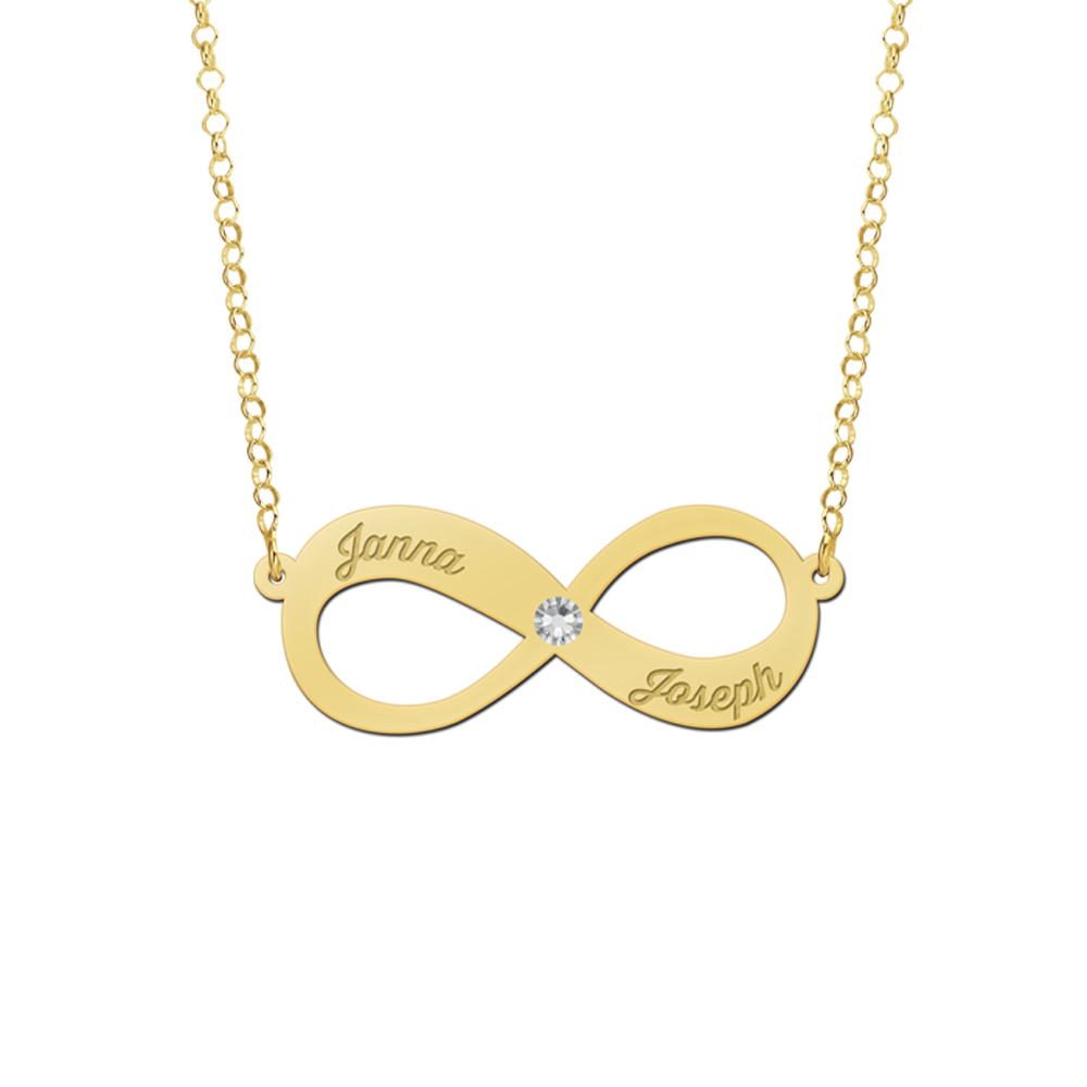 Gouden hanger infinity twee namen zirkonia