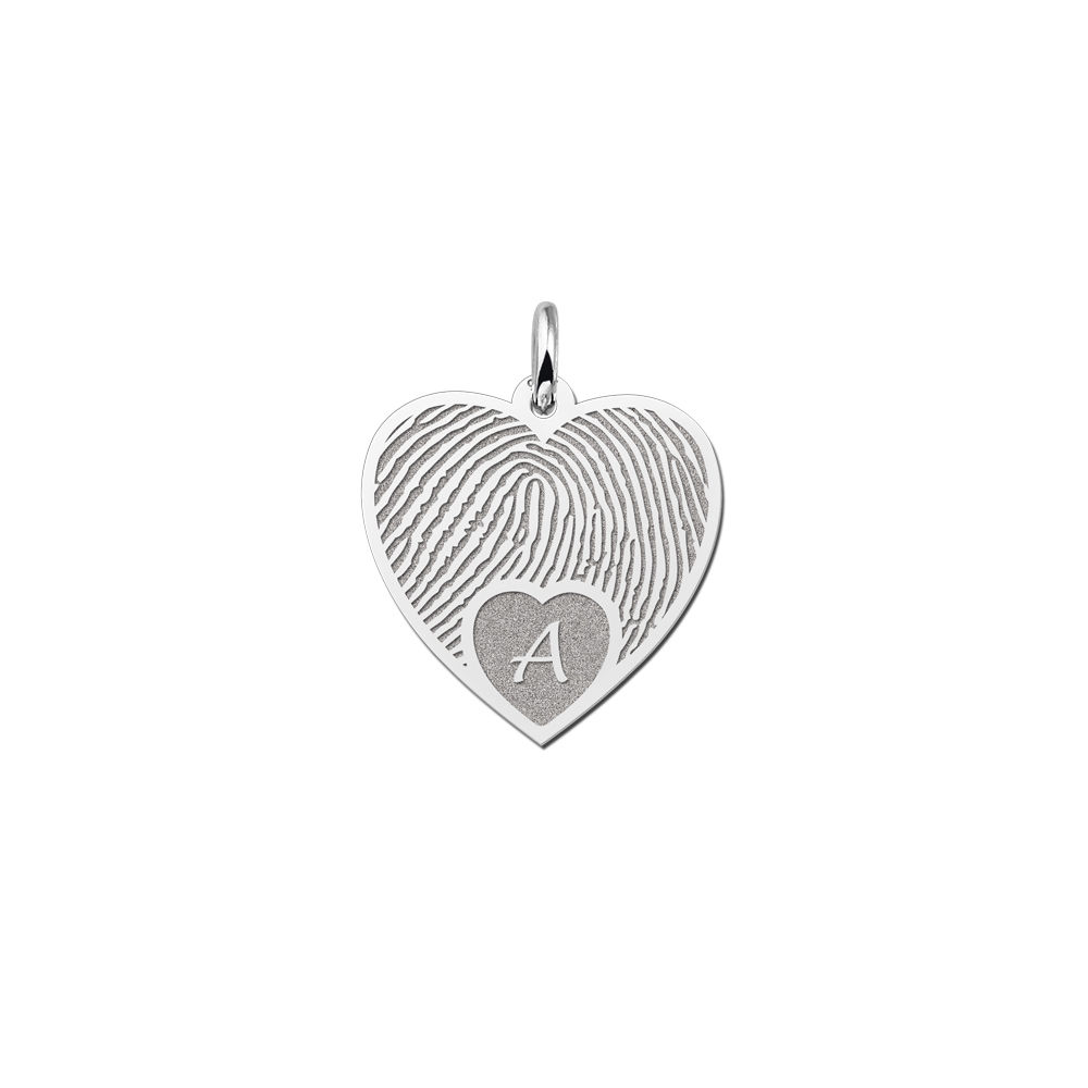 Zilveren hart hanger met vingerafdruk en initiaal