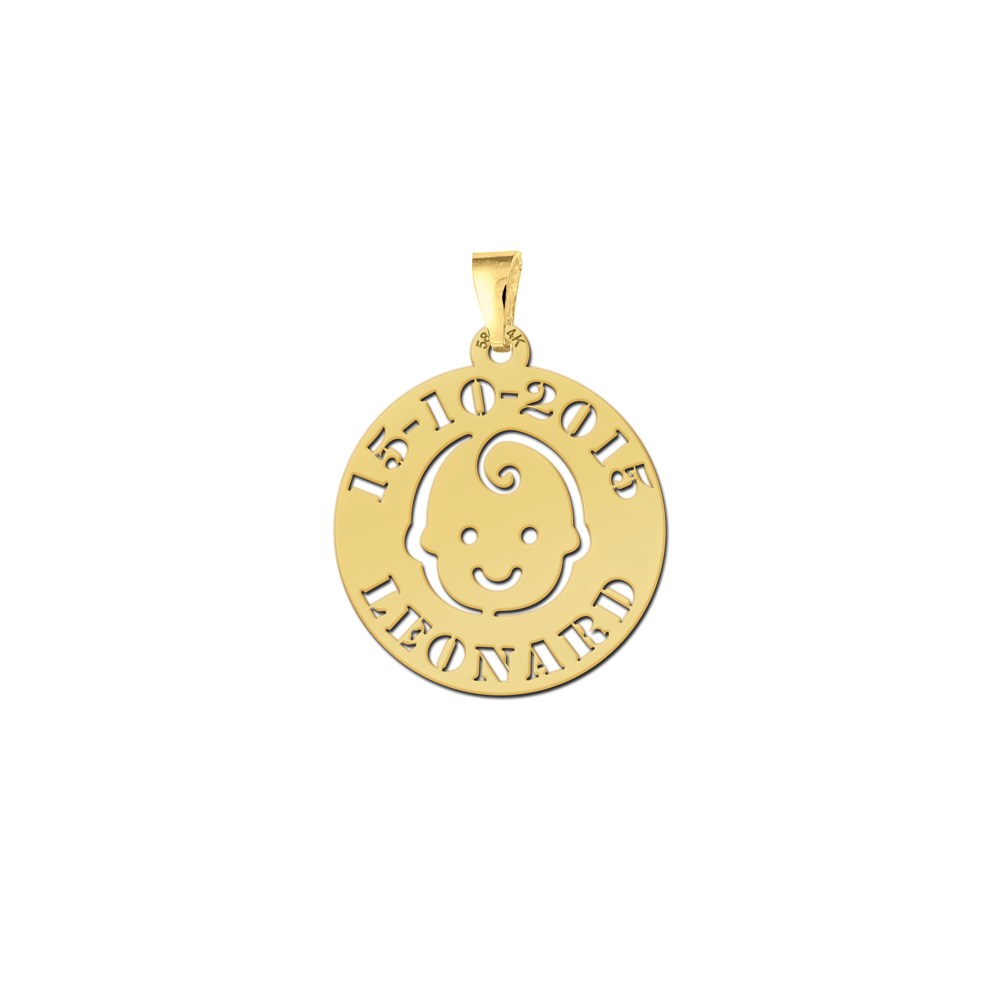 Gouden babyhanger krul in haar met naam en datum