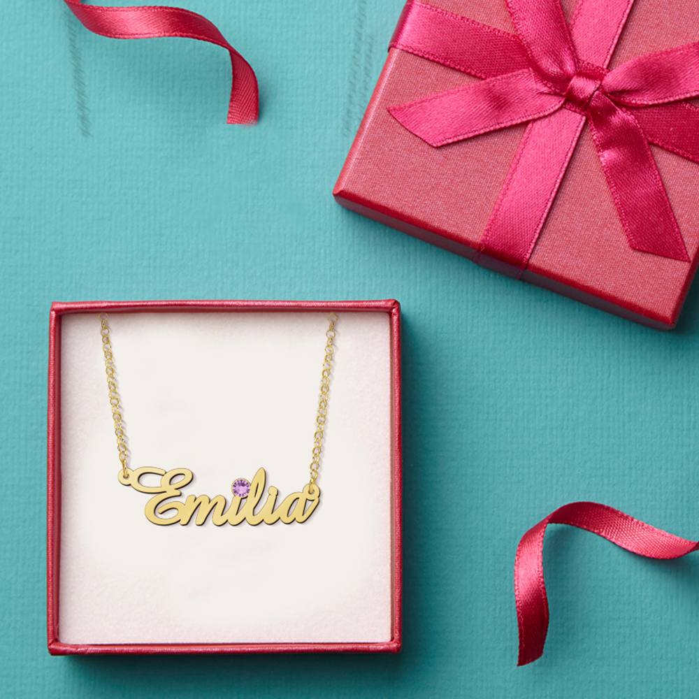 Vergulde naamketting met geboortesteen model Emilia