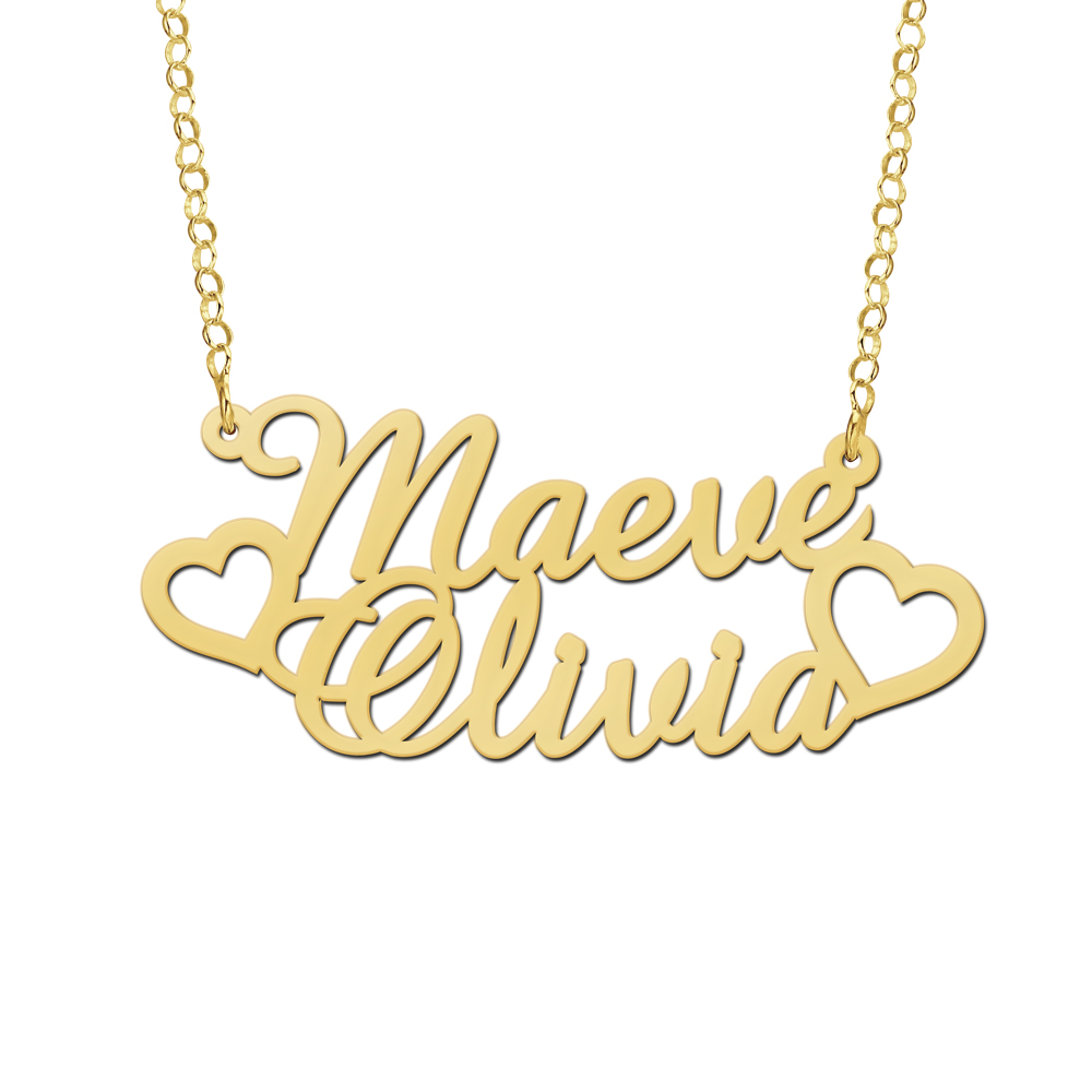 Gouden dubbele naamketting Maeve en Olivia met harten