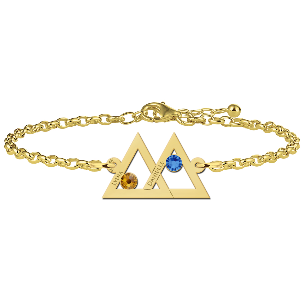Moeder-dochter-armband goud 2 driehoeken en geboortestenen