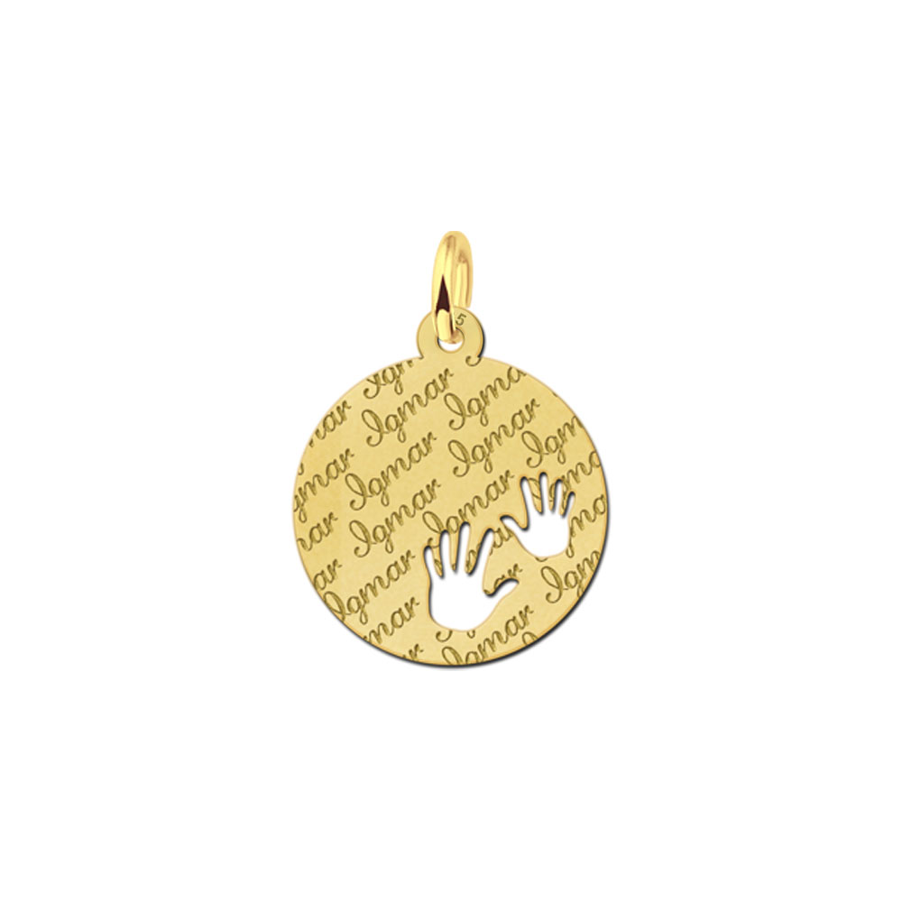 Vergulde hanger met herhaalde naam en kinderhandjes